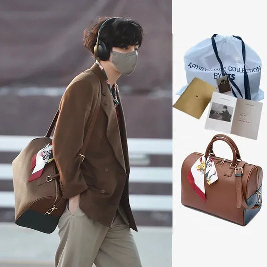 BTS Artist Made Collection V Taehyung Mute Boston Bag Brown W/ Scarf & Strap JPN